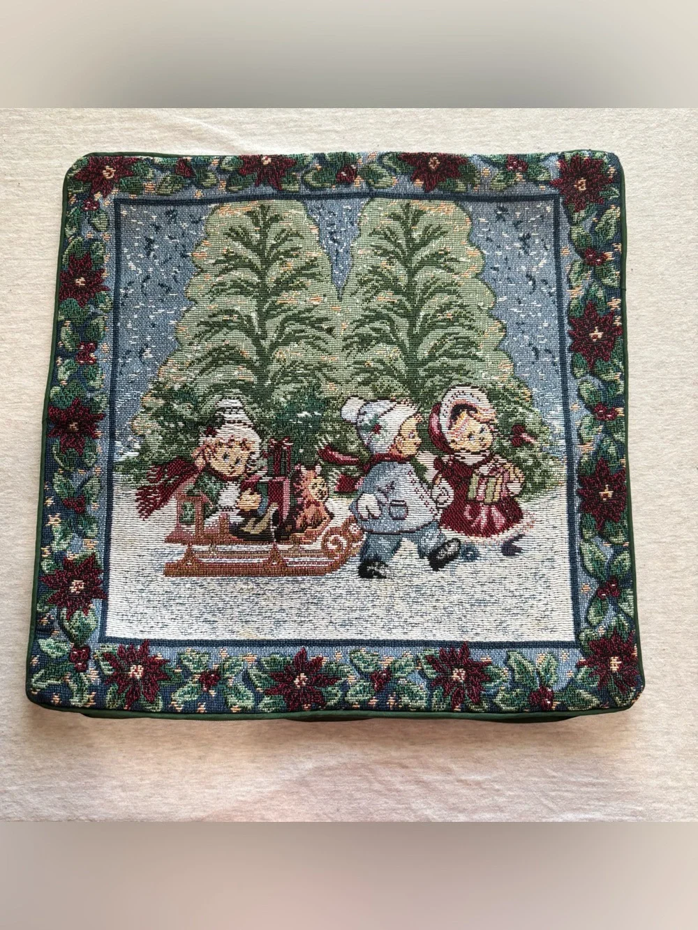Vintage Christmas Woven Tapestry Cushion Cover Set Church Deer Children 15x15
